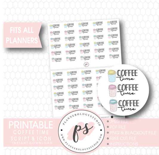 Coffee Time Bujo Script & Icon Digital Printable Planner Stickers - Plannerologystudio