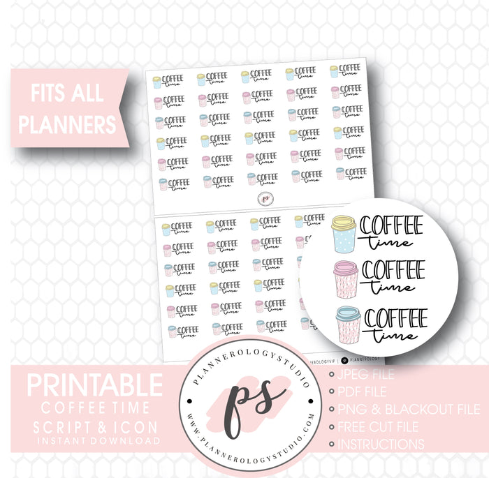 Coffee Time Bujo Script & Icon Digital Printable Planner Stickers - Plannerologystudio