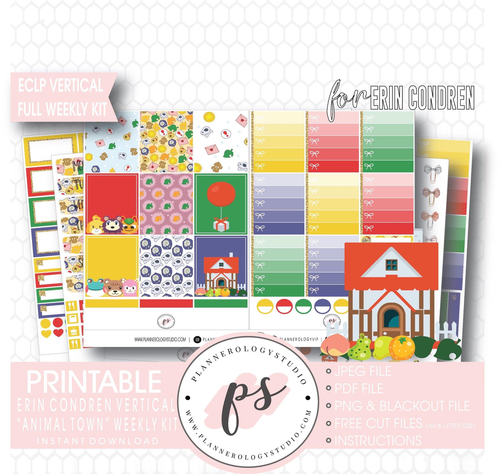 Animal Town (Animal Crossing Inspired) Full Weekly Kit Printable Planner Digital Stickers (for use with Erin Condren Vertical) - Plannerologystudio