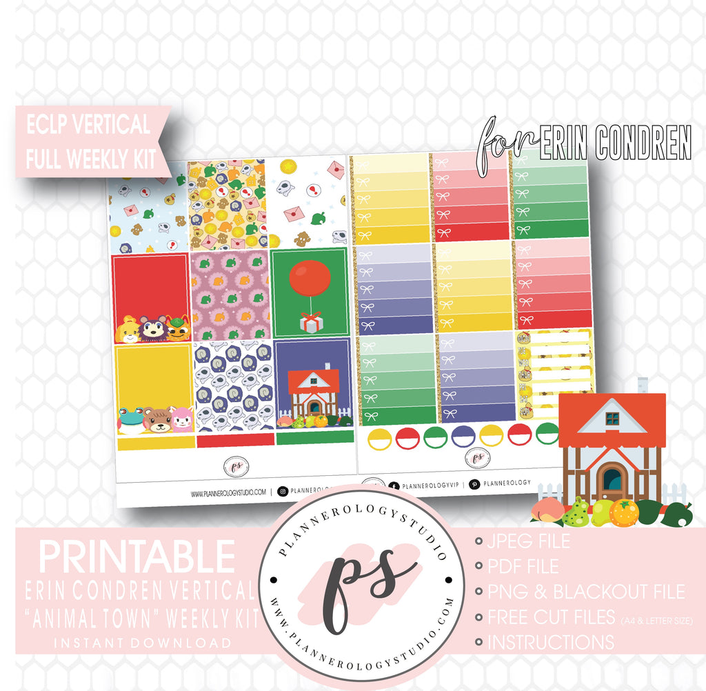 Animal Town (Animal Crossing Inspired) Full Weekly Kit Printable Planner Digital Stickers (for use with Erin Condren Vertical) - Plannerologystudio