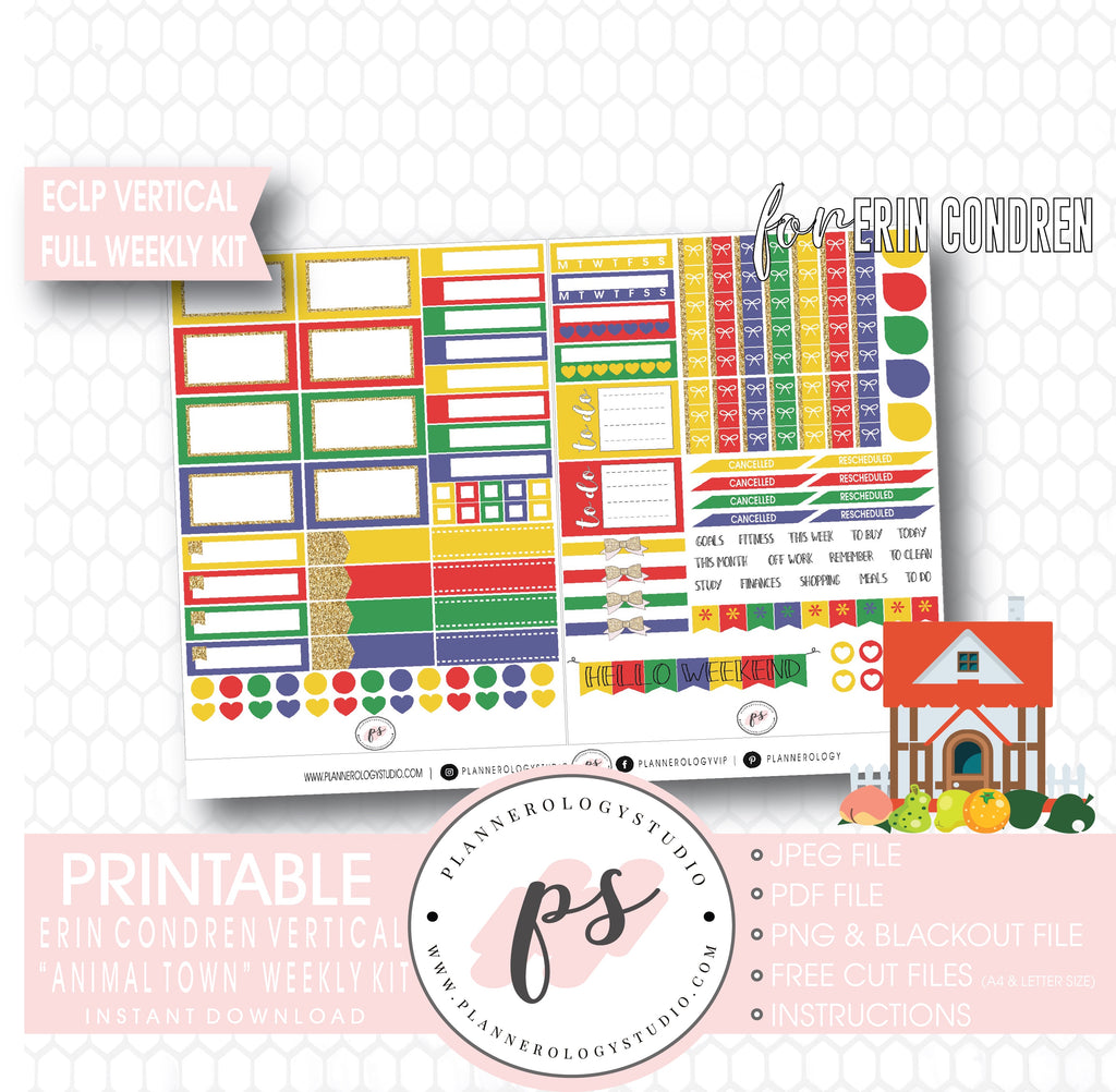 Animal Town (Animal Crossing Inspired) Full Weekly Kit Printable Planner Digital Stickers (for use with Erin Condren Vertical) - Plannerologystudio