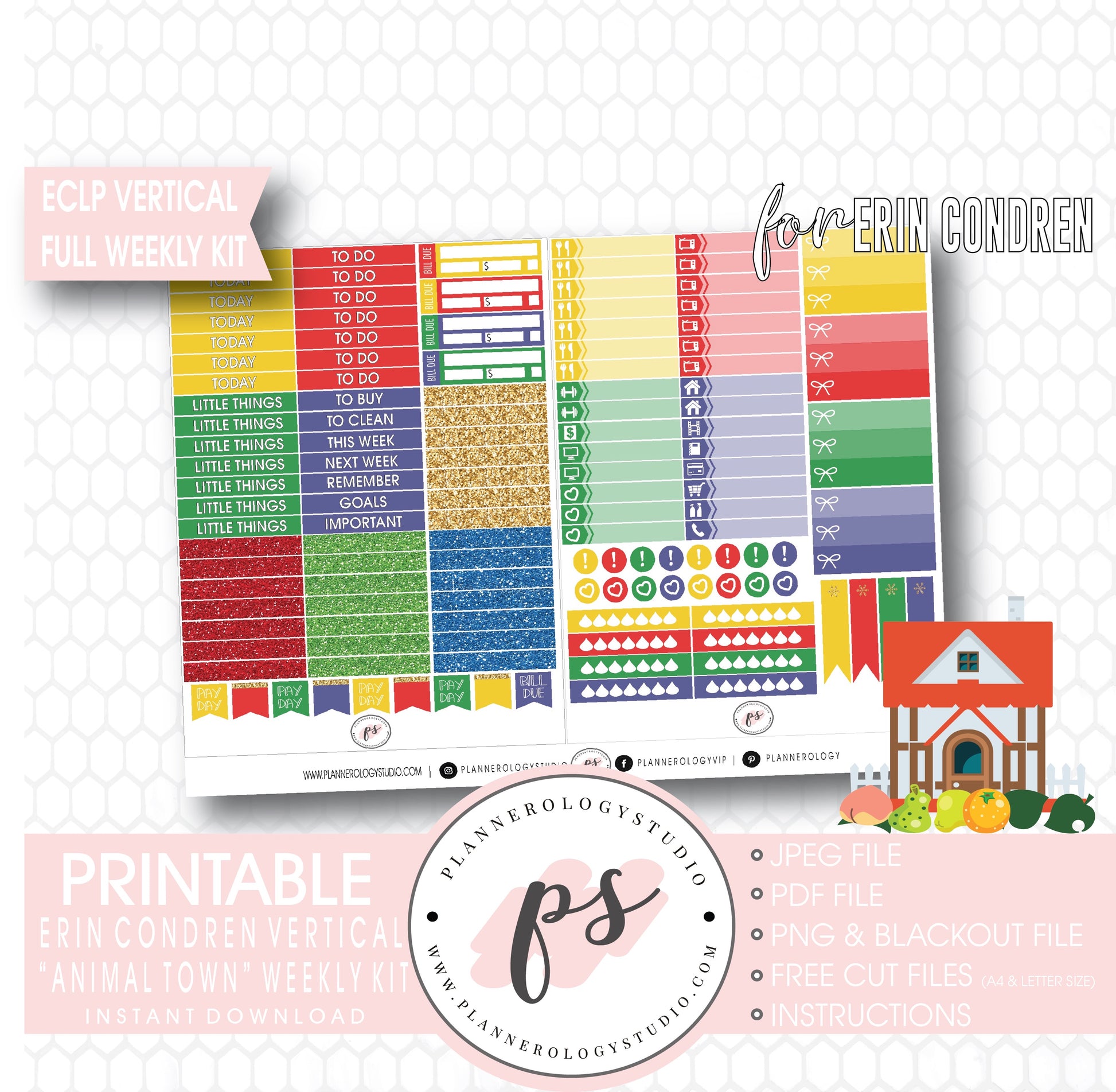 Animal Town (Animal Crossing Inspired) Full Weekly Kit Printable Planner Digital Stickers (for use with Erin Condren Vertical) - Plannerologystudio