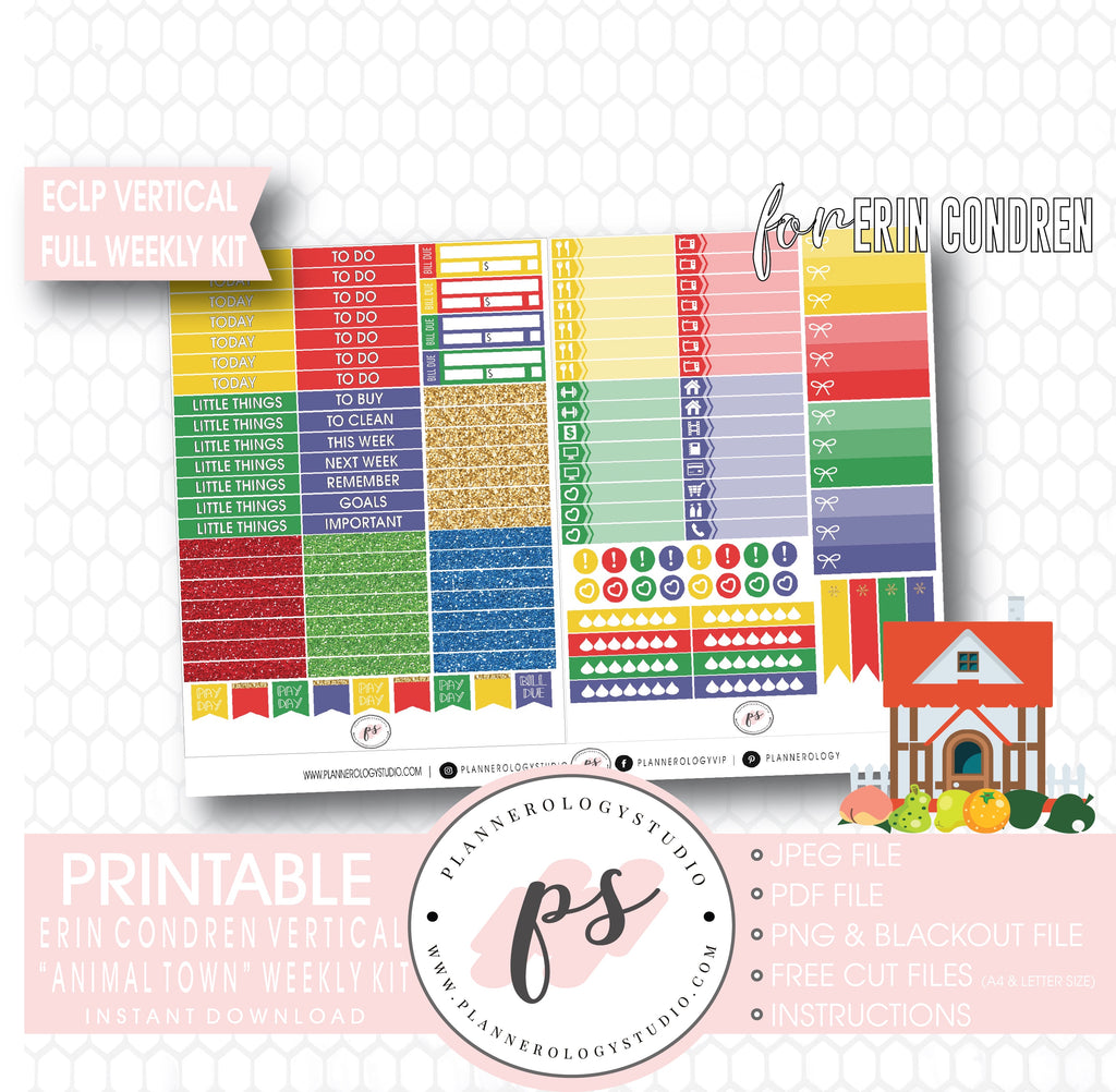 Animal Town (Animal Crossing Inspired) Full Weekly Kit Printable Planner Digital Stickers (for use with Erin Condren Vertical) - Plannerologystudio