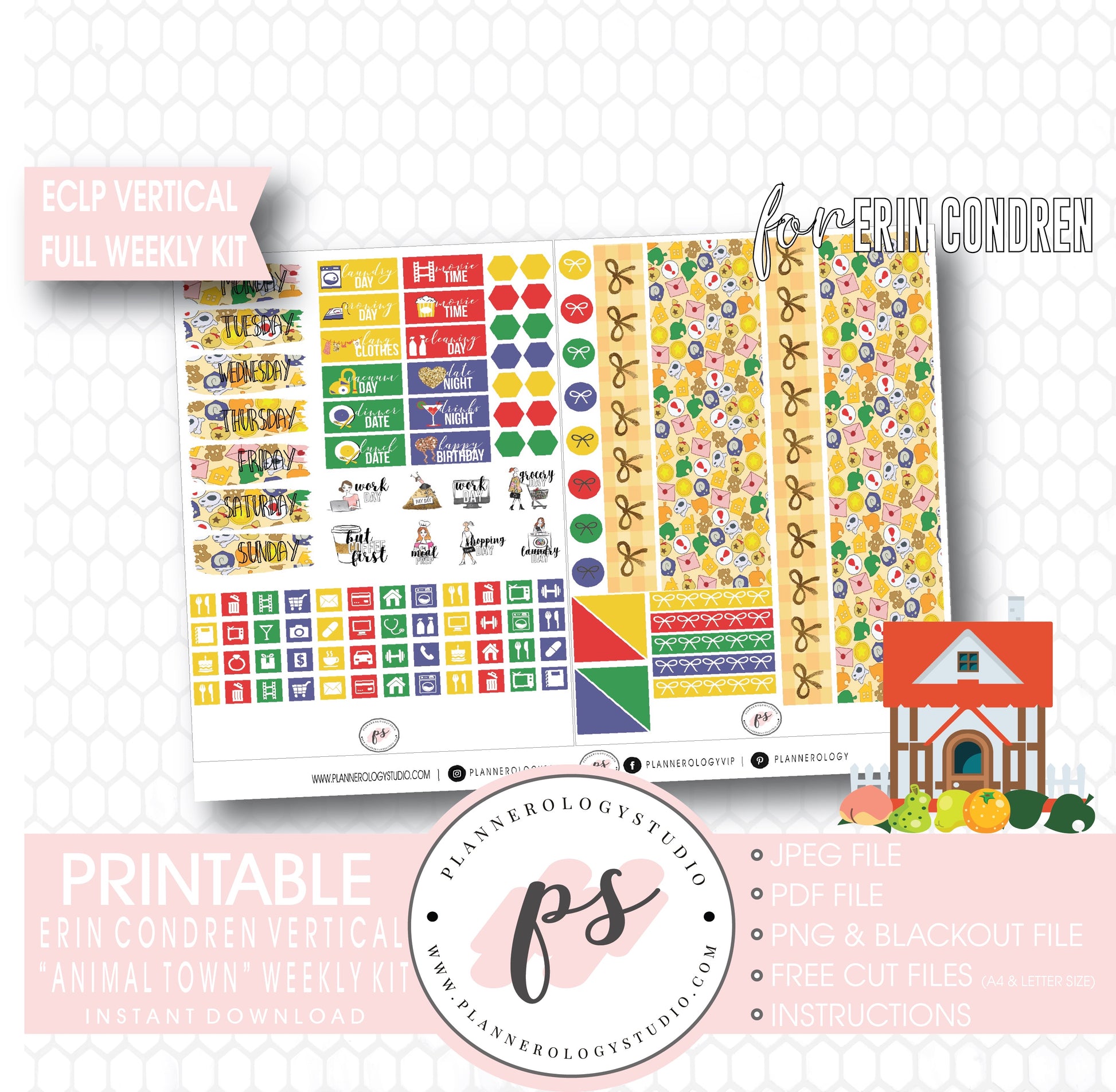 Animal Town (Animal Crossing Inspired) Full Weekly Kit Printable Planner Digital Stickers (for use with Erin Condren Vertical) - Plannerologystudio