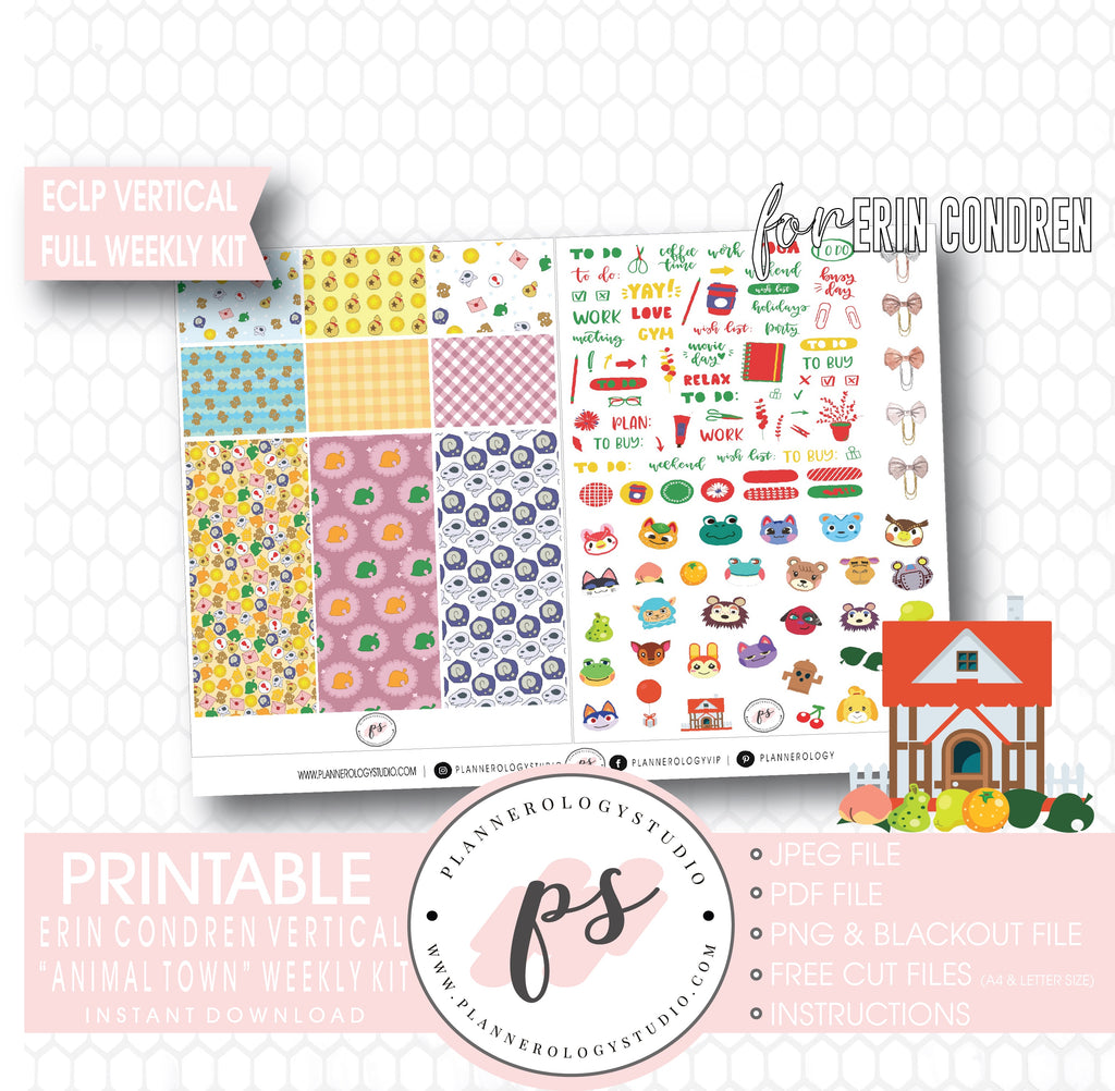 Animal Town (Animal Crossing Inspired) Full Weekly Kit Printable Planner Digital Stickers (for use with Erin Condren Vertical) - Plannerologystudio