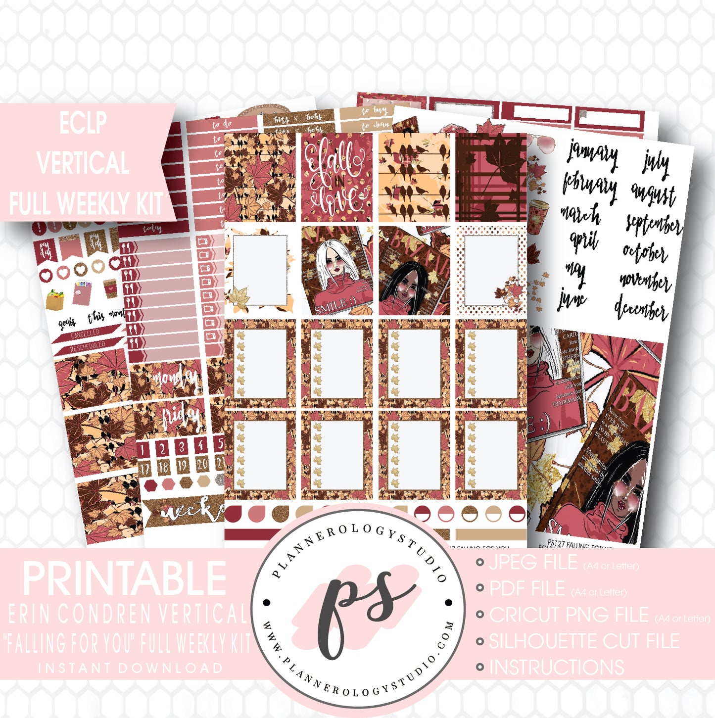 Falling For You Full Weekly Kit Printable Planner Stickers (for use with ECLP Vertical) - Plannerologystudio