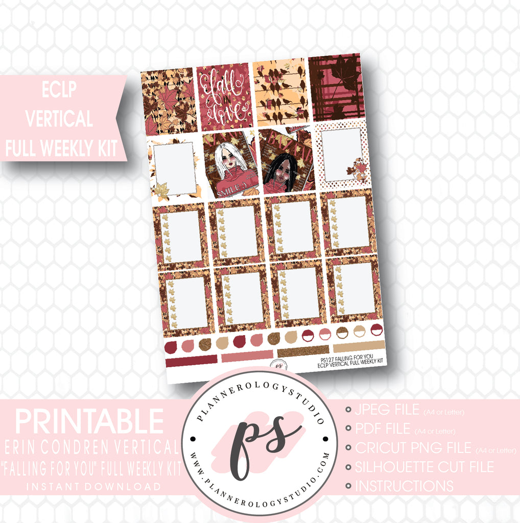 Falling For You Full Weekly Kit Printable Planner Stickers (for use with ECLP Vertical) - Plannerologystudio