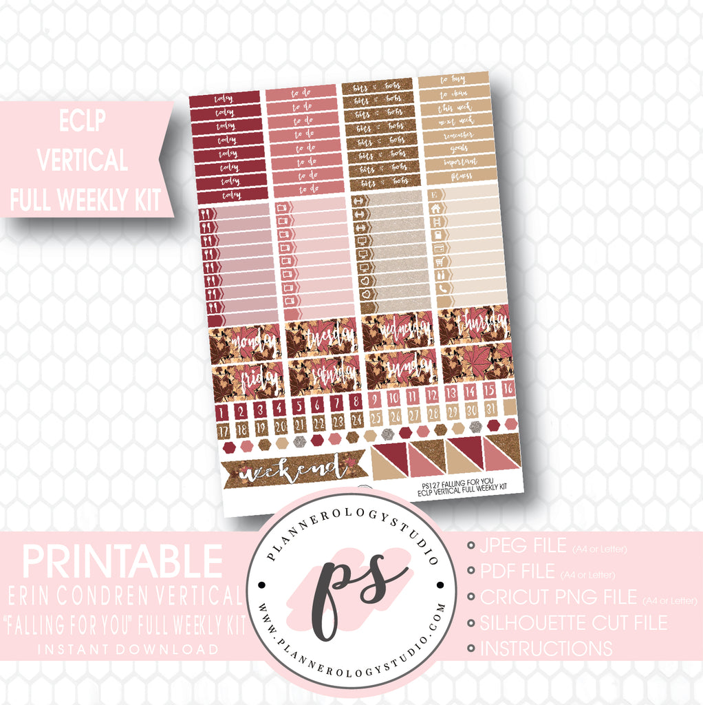 Falling For You Full Weekly Kit Printable Planner Stickers (for use with ECLP Vertical) - Plannerologystudio