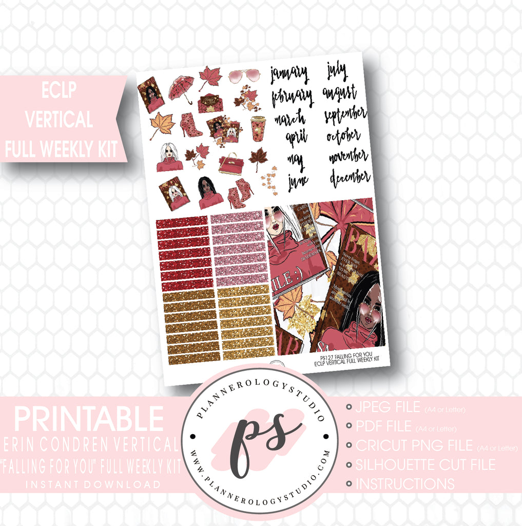 Falling For You Full Weekly Kit Printable Planner Stickers (for use with ECLP Vertical) - Plannerologystudio