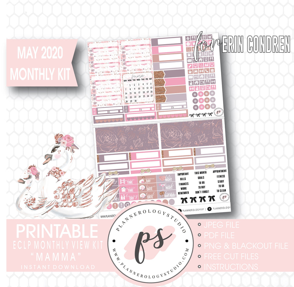 Mamma (Mother's Day) May 2020 Monthly View Kit Digital Printable Planner Stickers (for use with Erin Condren) - Plannerologystudio