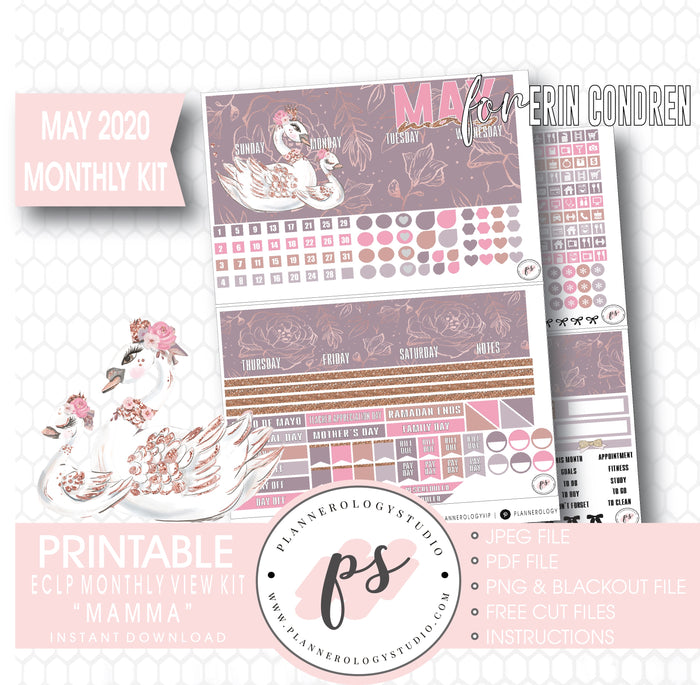 Mamma (Mother's Day) May 2020 Monthly View Kit Digital Printable Planner Stickers (for use with Erin Condren) - Plannerologystudio