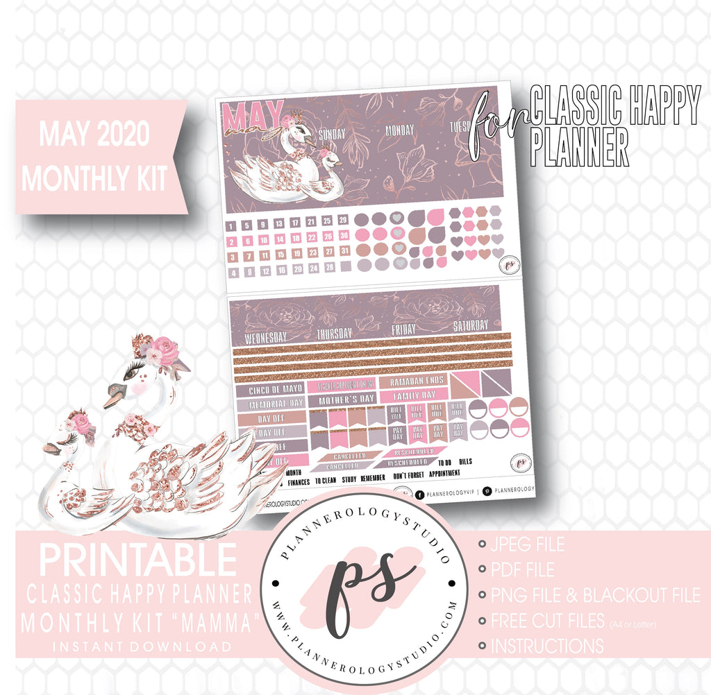 Mamma (Mother's Day) May 2020 Monthly View Kit Digital Printable Planner Stickers (for use with Classic Happy Planner) - Plannerologystudio