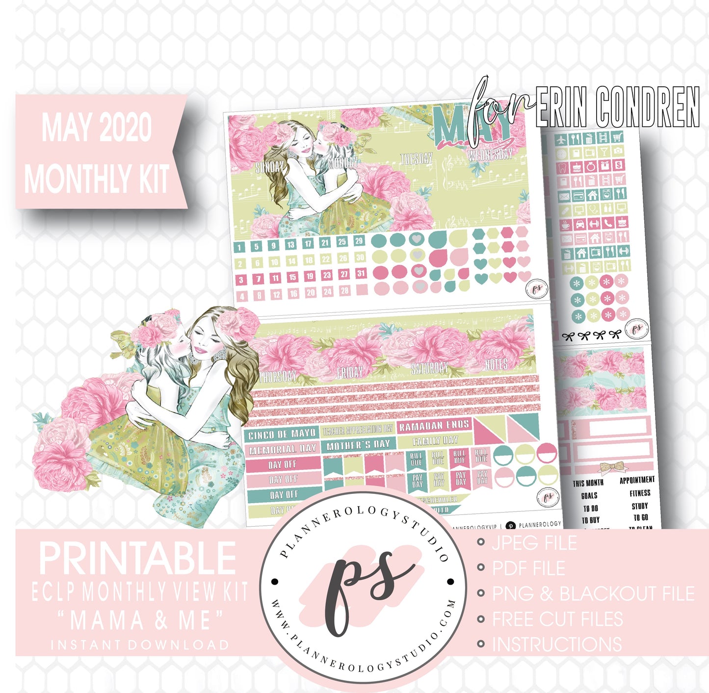 Mama & Me (Mother's Day) May 2020 Monthly View Kit Digital Printable Planner Stickers (for use with Erin Condren) - Plannerologystudio