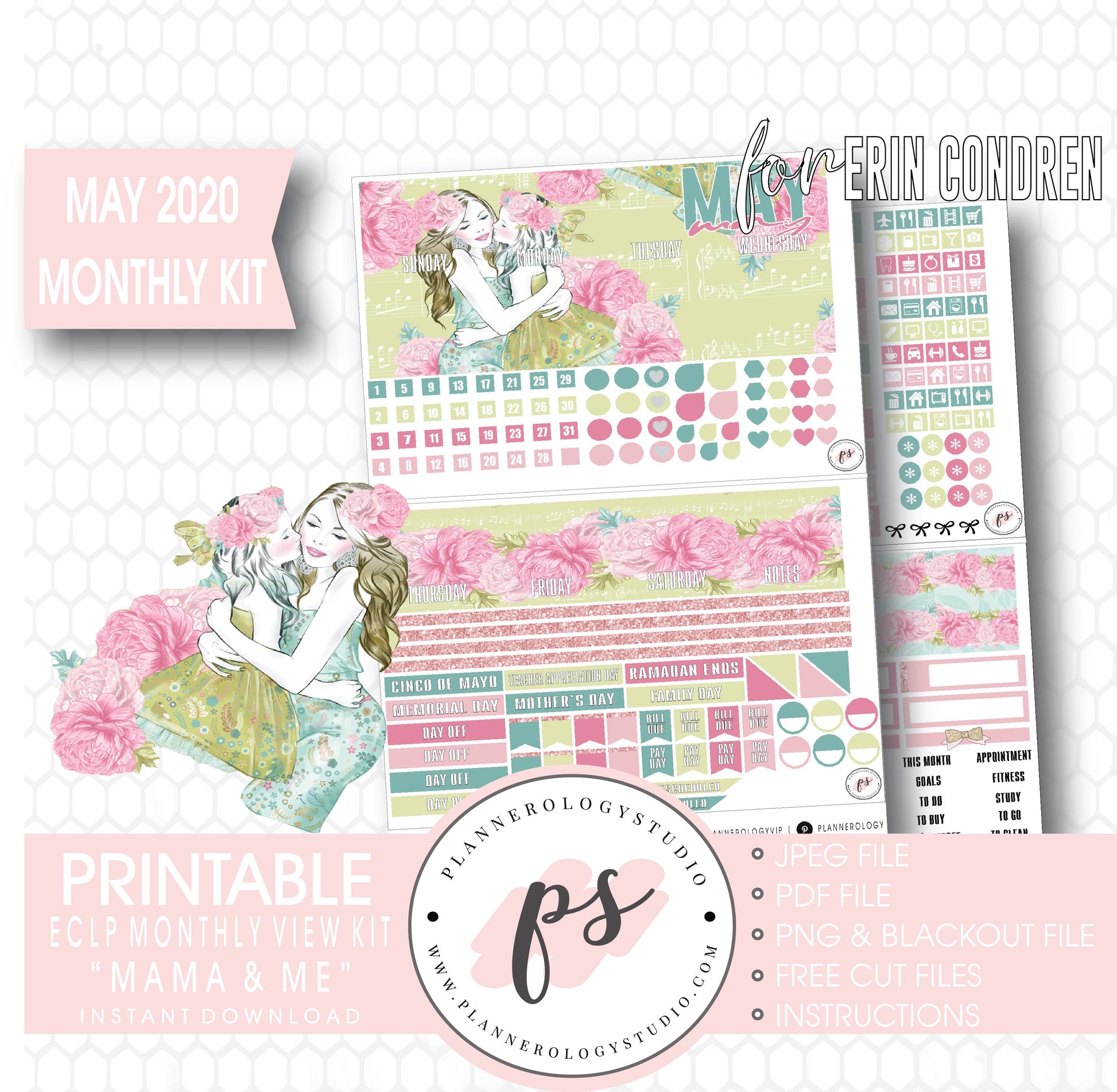 Mama & Me (Mother's Day) May 2020 Monthly View Kit Digital Printable Planner Stickers (for use with Erin Condren) - Plannerologystudio