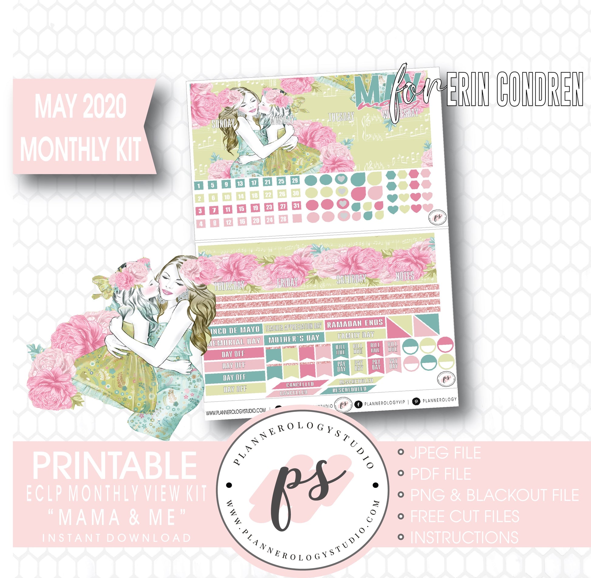 Mama & Me (Mother's Day) May 2020 Monthly View Kit Digital Printable Planner Stickers (for use with Erin Condren) - Plannerologystudio