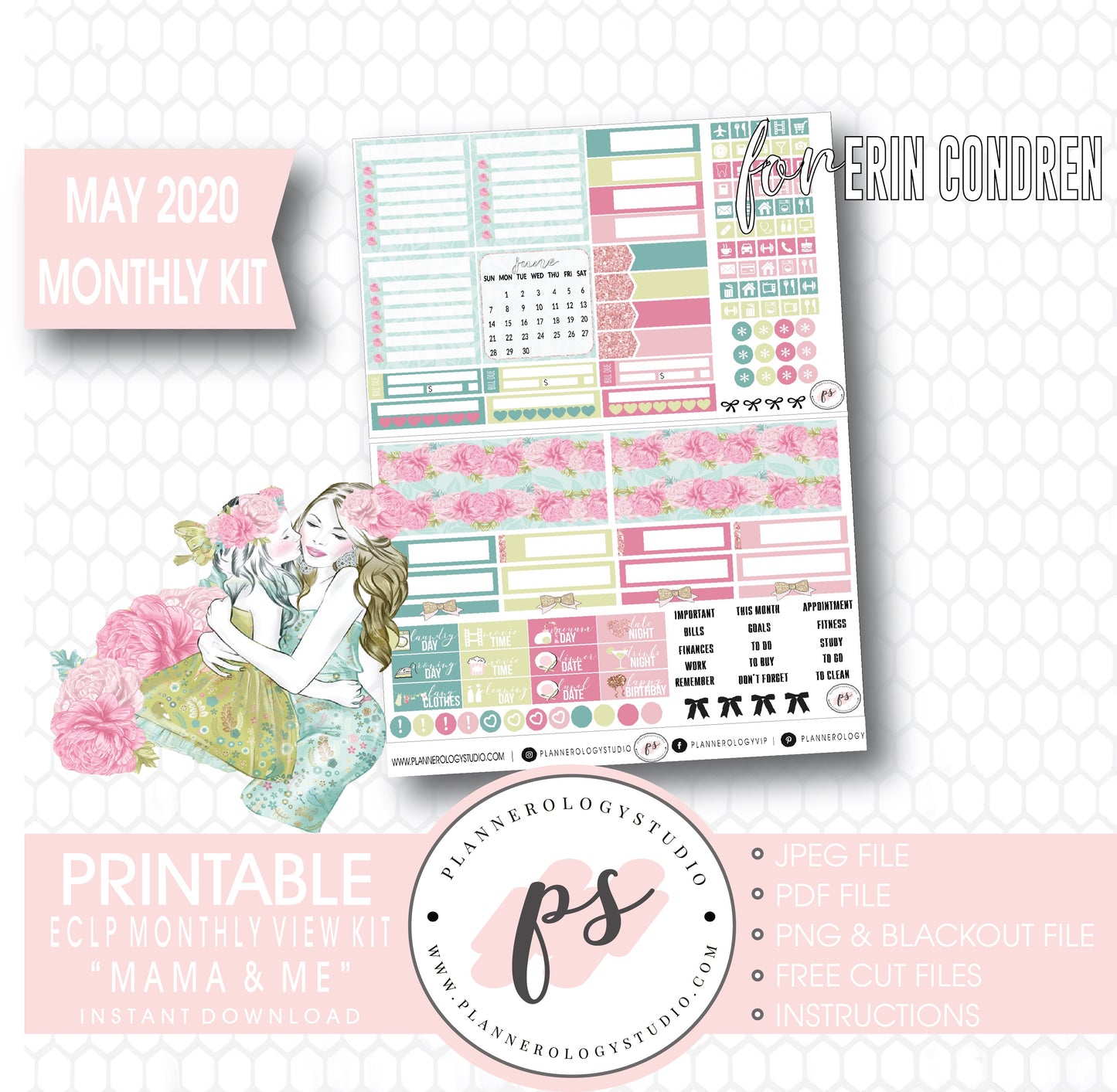 Mama & Me (Mother's Day) May 2020 Monthly View Kit Digital Printable Planner Stickers (for use with Erin Condren) - Plannerologystudio