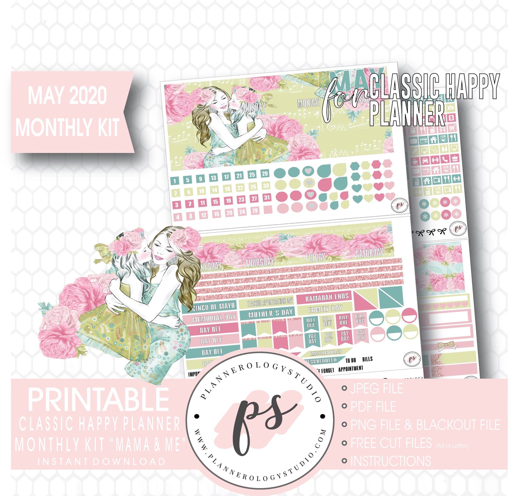 Mama & Me (Mother's Day) May 2020 Monthly View Kit Digital Printable Planner Stickers (for use with Classic Happy Planner) - Plannerologystudio