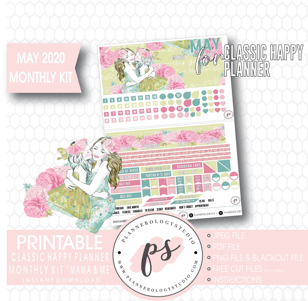 Mama & Me (Mother's Day) May 2020 Monthly View Kit Digital Printable Planner Stickers (for use with Classic Happy Planner) - Plannerologystudio