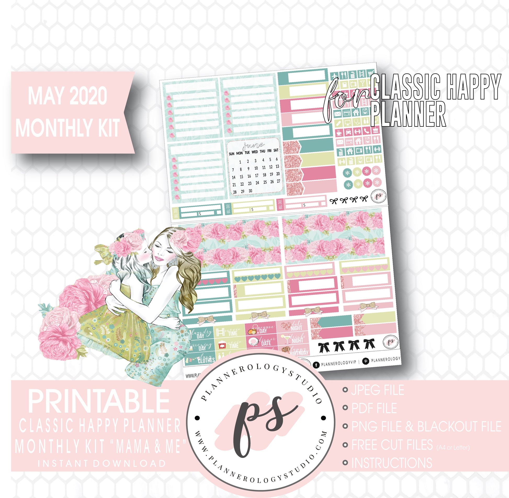 Mama & Me (Mother's Day) May 2020 Monthly View Kit Digital Printable Planner Stickers (for use with Classic Happy Planner) - Plannerologystudio
