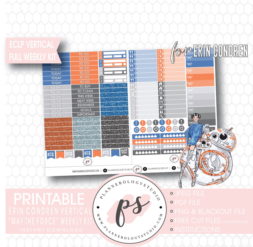 May the Force (Star Wars Inspired) Full Weekly Kit Printable Planner Digital Stickers (for use with Erin Condren Vertical) - Plannerologystudio