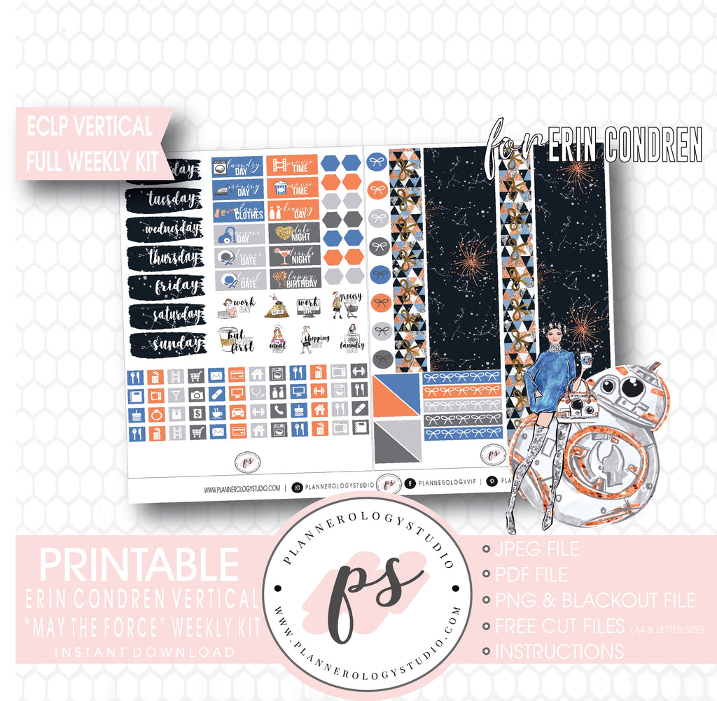 May the Force (Star Wars Inspired) Full Weekly Kit Printable Planner Digital Stickers (for use with Erin Condren Vertical) - Plannerologystudio