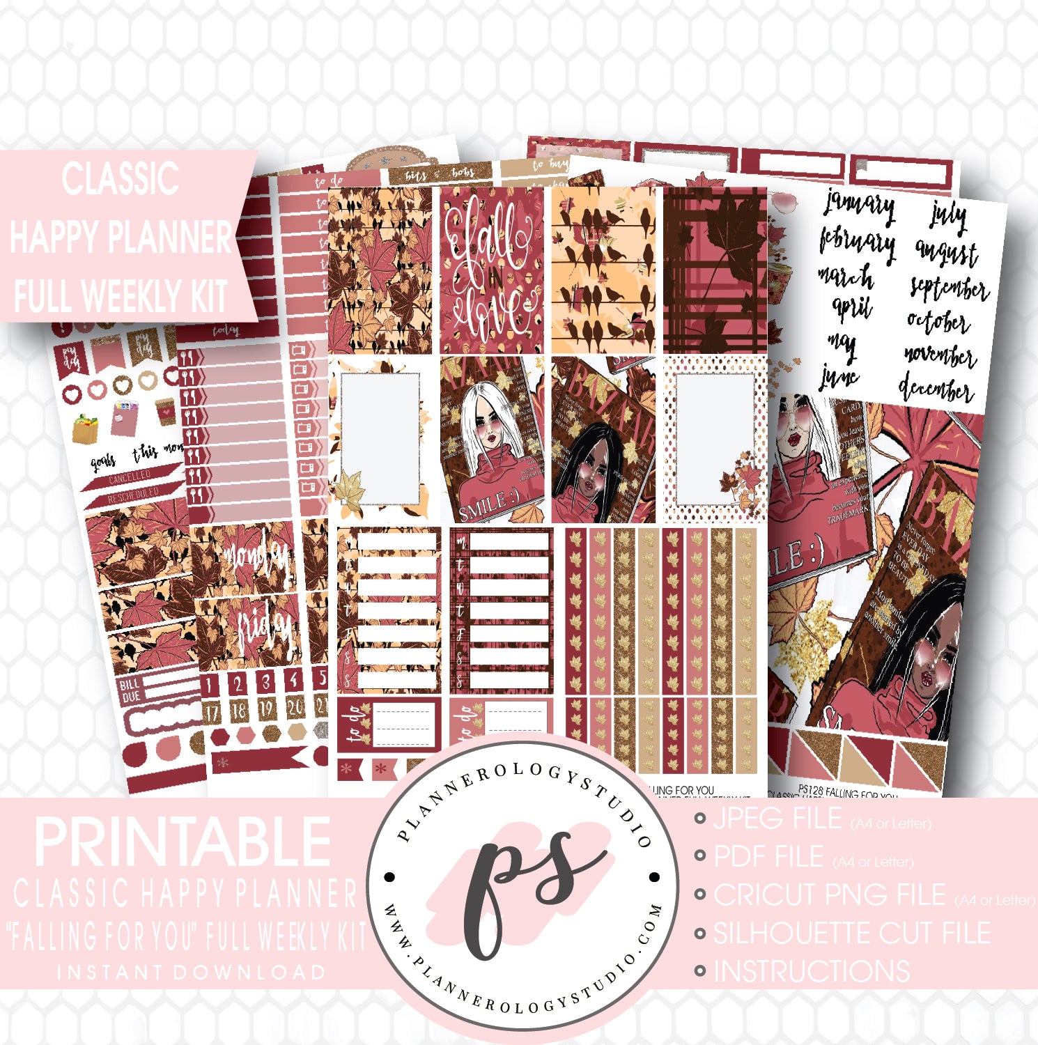 Falling For You Full Weekly Kit Printable Planner Stickers (for use with Mambi Classic Happy Planner) - Plannerologystudio