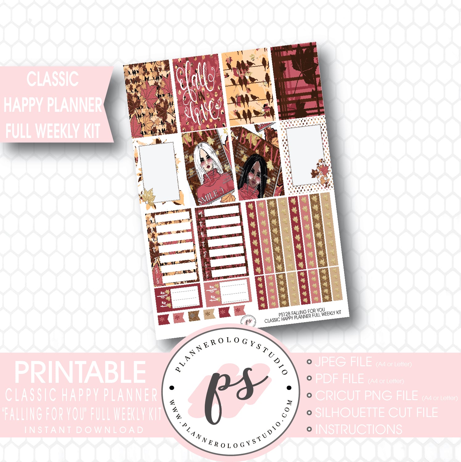 Falling For You Full Weekly Kit Printable Planner Stickers (for use with Mambi Classic Happy Planner) - Plannerologystudio