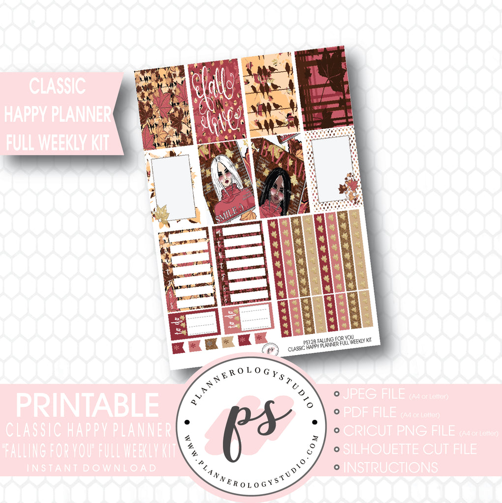 Falling For You Full Weekly Kit Printable Planner Stickers (for use with Mambi Classic Happy Planner) - Plannerologystudio