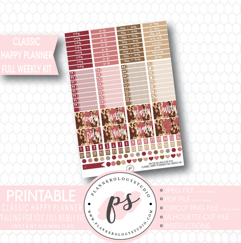 Falling For You Full Weekly Kit Printable Planner Stickers (for use with Mambi Classic Happy Planner) - Plannerologystudio