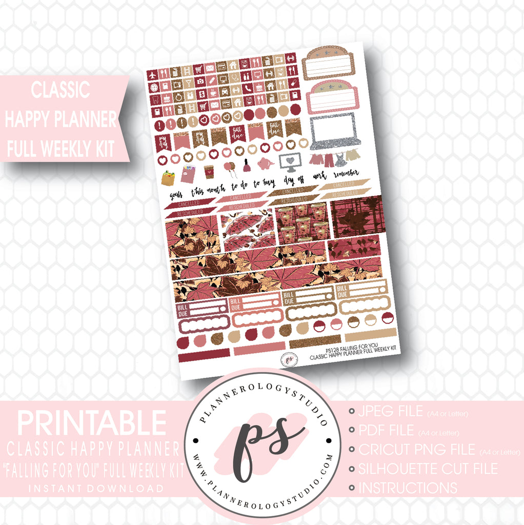 Falling For You Full Weekly Kit Printable Planner Stickers (for use with Mambi Classic Happy Planner) - Plannerologystudio