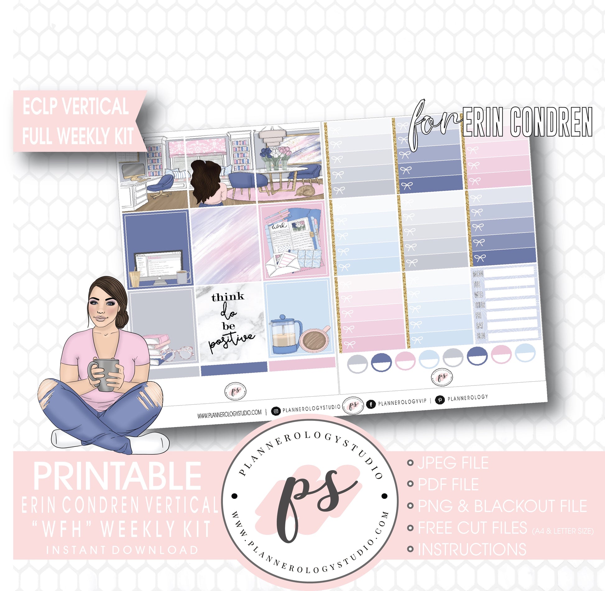 WFH (Work From Home) Full Weekly Kit Printable Planner Digital Stickers (for use with Erin Condren Vertical) - Plannerologystudio