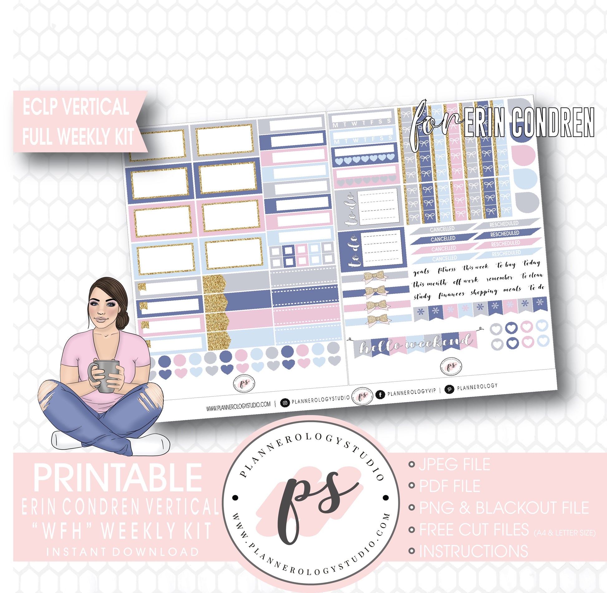 WFH (Work From Home) Full Weekly Kit Printable Planner Digital Stickers (for use with Erin Condren Vertical) - Plannerologystudio