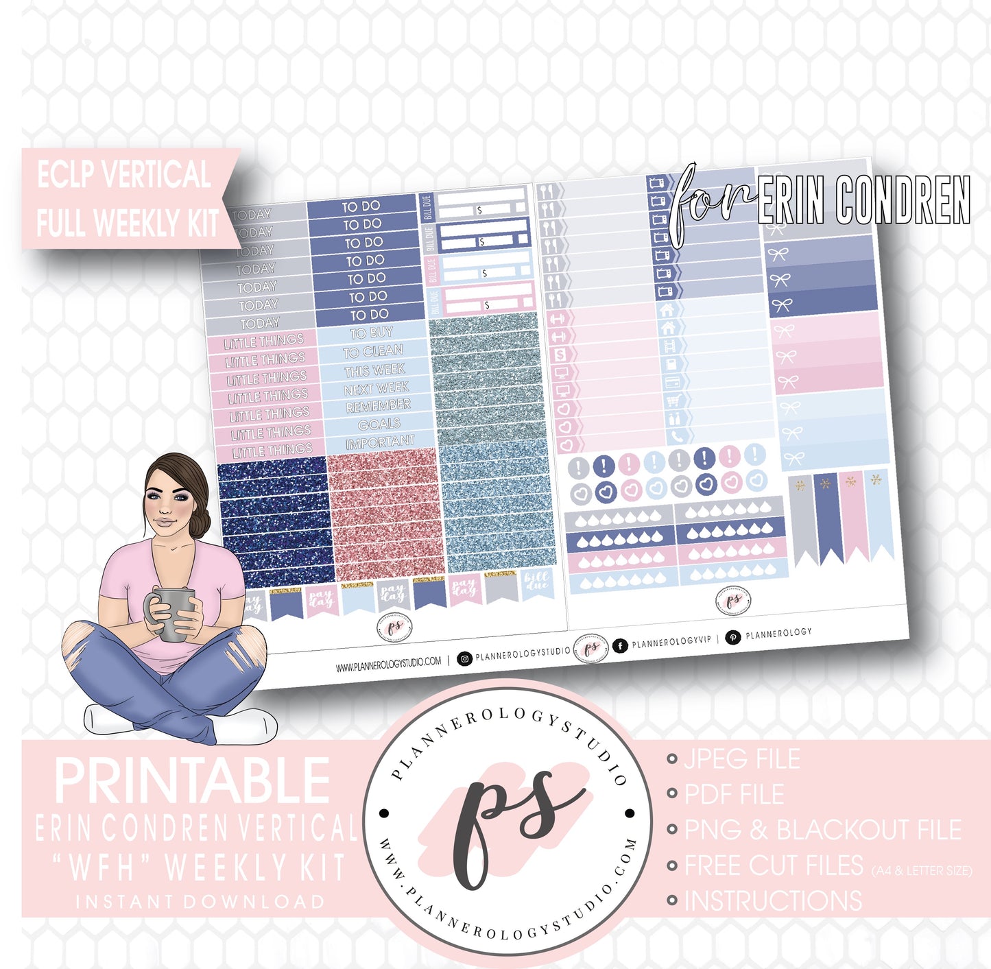 WFH (Work From Home) Full Weekly Kit Printable Planner Digital Stickers (for use with Erin Condren Vertical) - Plannerologystudio