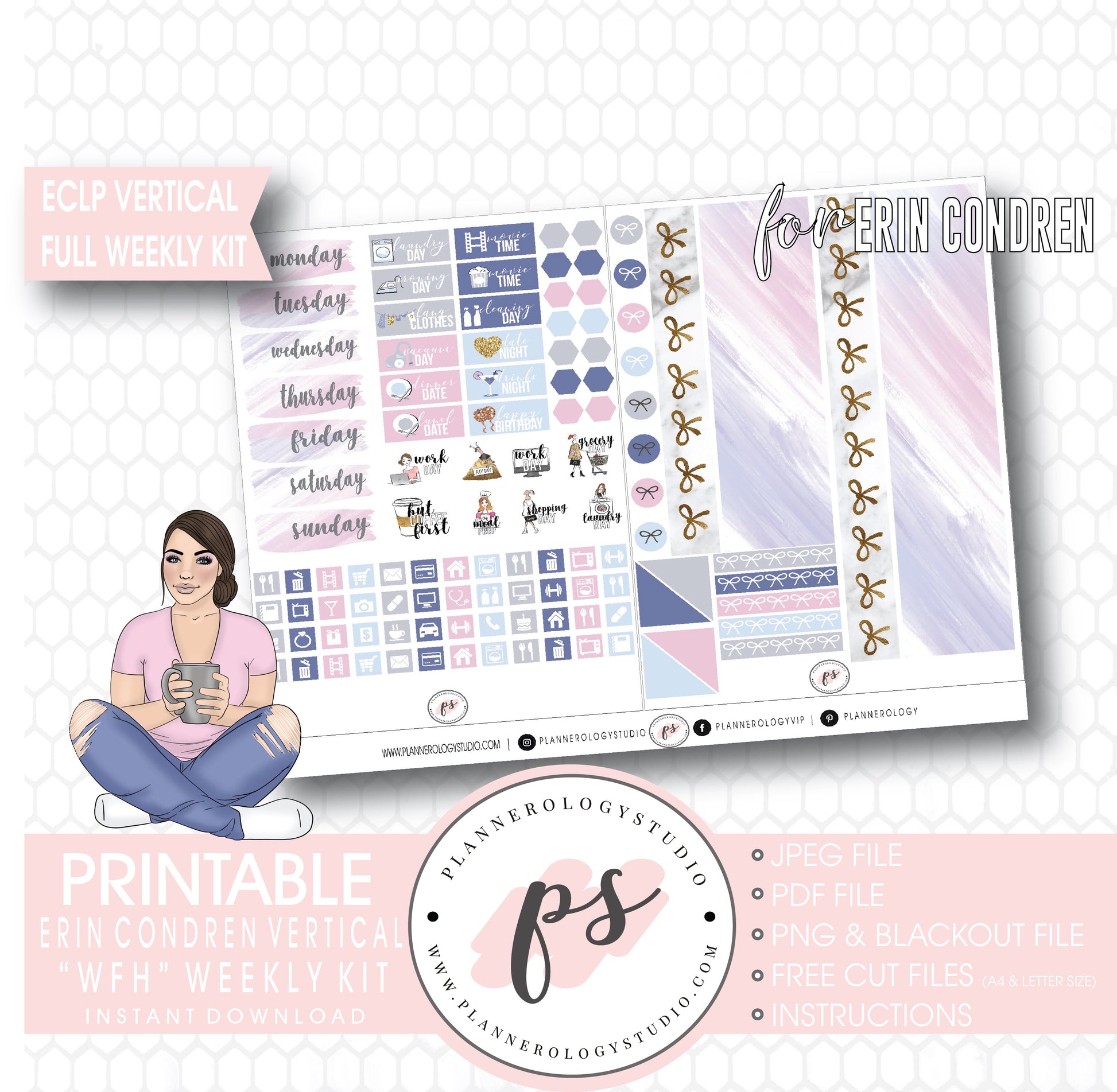 WFH (Work From Home) Full Weekly Kit Printable Planner Digital Stickers (for use with Erin Condren Vertical) - Plannerologystudio