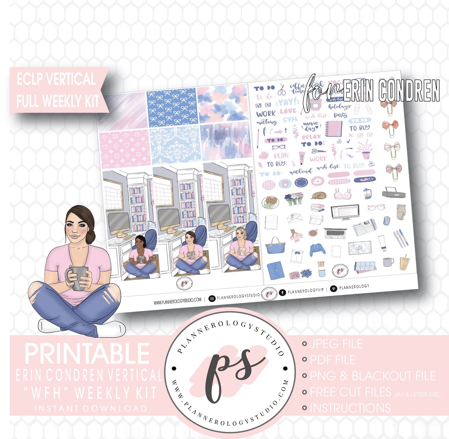 WFH (Work From Home) Full Weekly Kit Printable Planner Digital Stickers (for use with Erin Condren Vertical) - Plannerologystudio