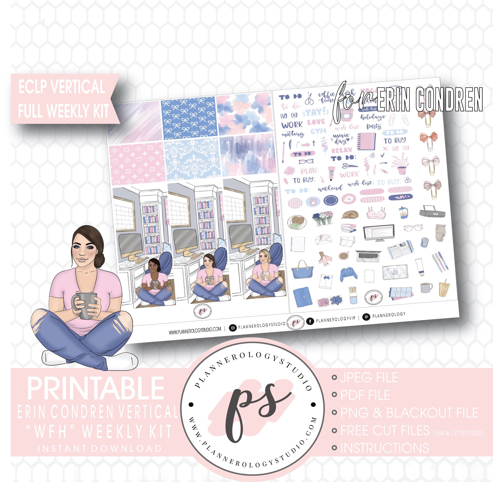 WFH (Work From Home) Full Weekly Kit Printable Planner Digital Stickers (for use with Erin Condren Vertical) - Plannerologystudio