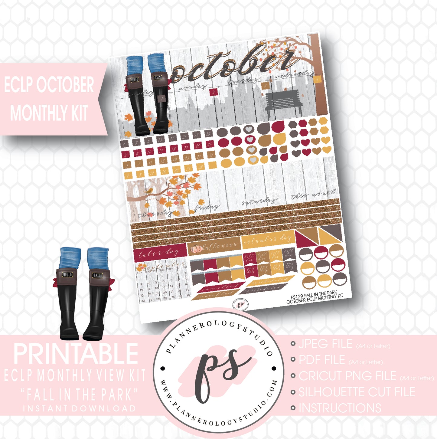 "Fall in the Park" October 2017 Monthly View Kit Printable Planner Stickers (for use with ECLP) - Plannerologystudio