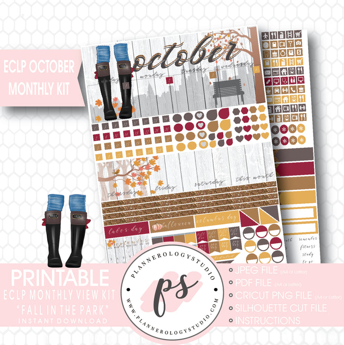 "Fall in the Park" October 2017 Monthly View Kit Printable Planner Stickers (for use with ECLP) - Plannerologystudio