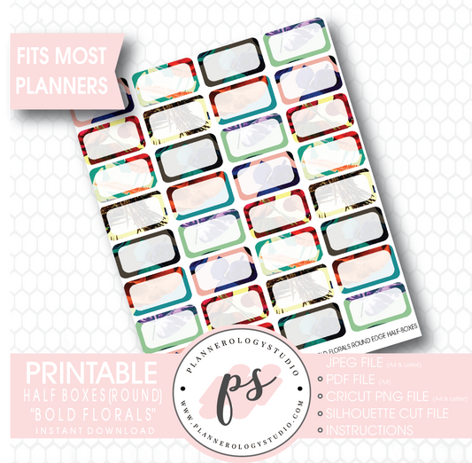 "Bold Florals" Half-Box (Round Edge) Printable Planner Stickers - Plannerologystudio