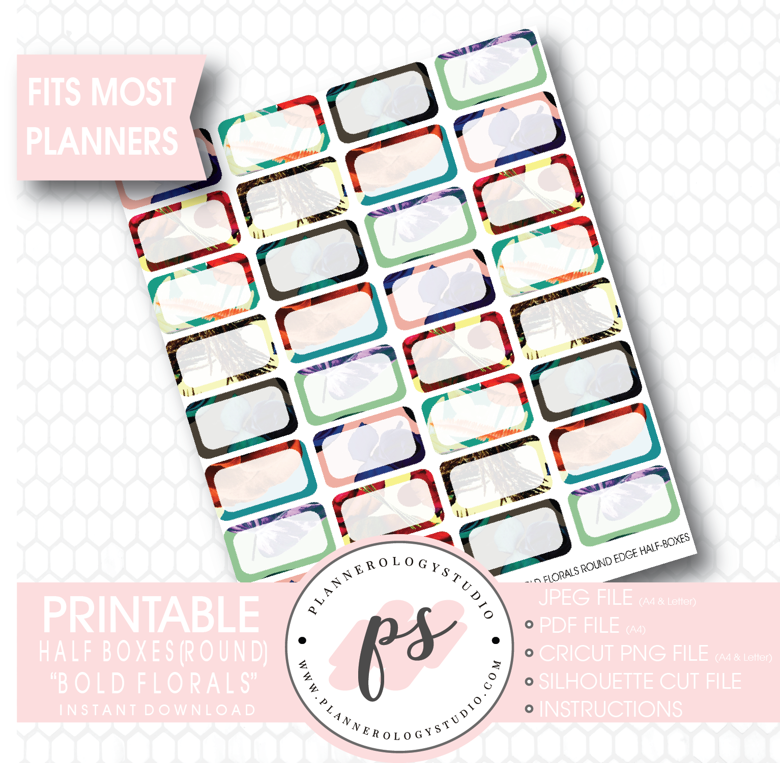 "Bold Florals" Half-Box (Round Edge) Printable Planner Stickers - Plannerologystudio