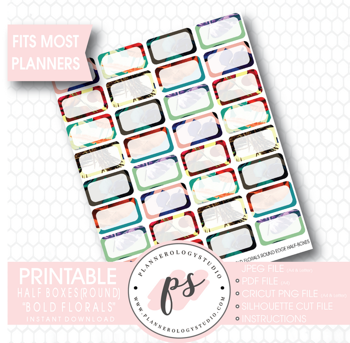 "Bold Florals" Half-Box (Round Edge) Printable Planner Stickers - Plannerologystudio