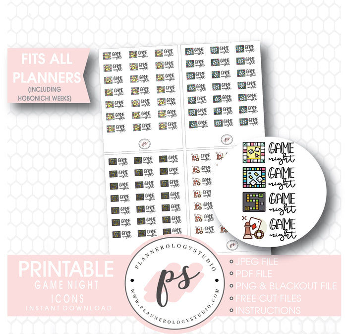 Game Night Bujo Script & Icons Digital Printable Planner Stickers - Plannerologystudio