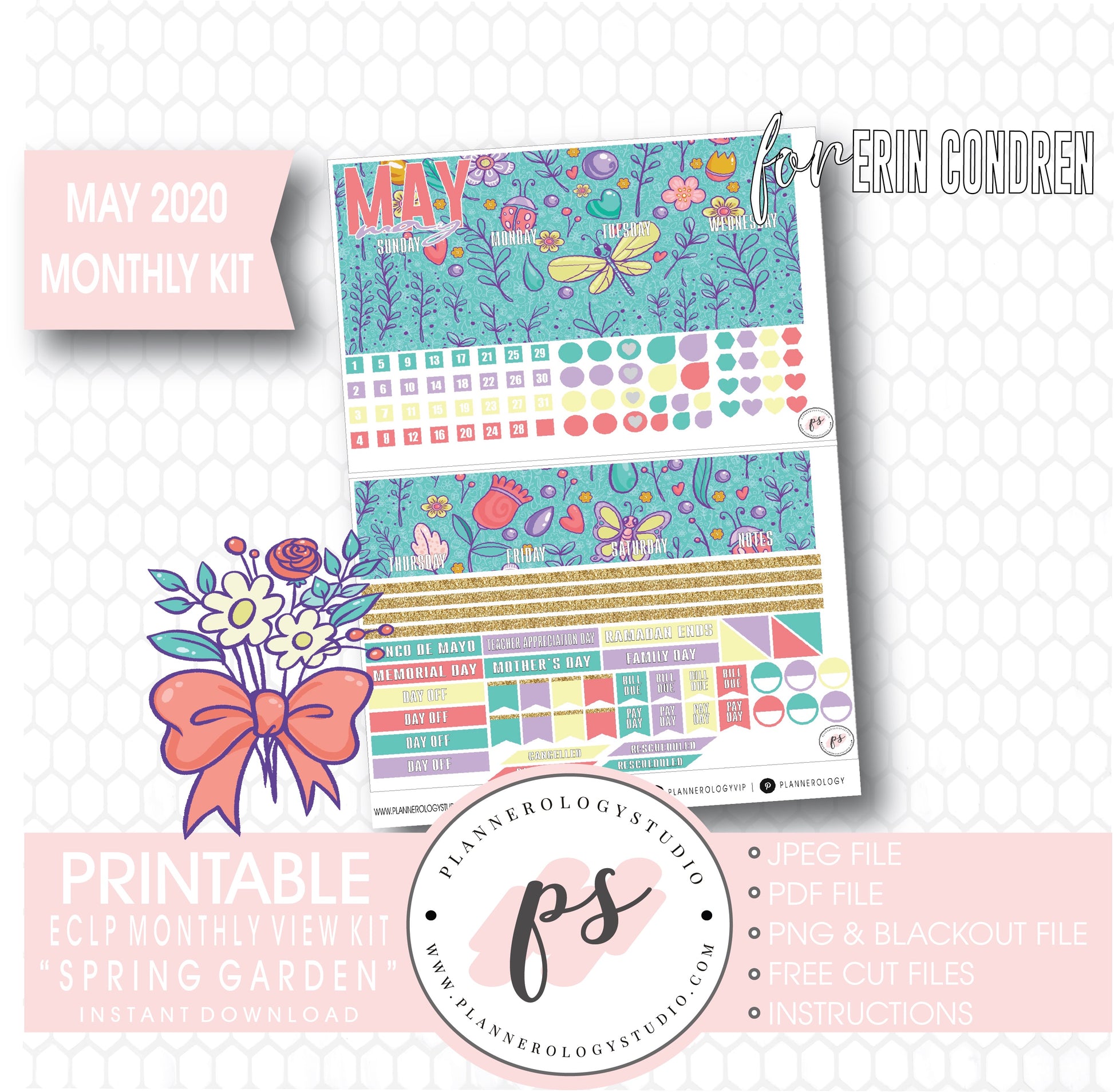 Spring Garden May 2020 Monthly View Kit Digital Printable Planner Stickers (for use with Erin Condren) - Plannerologystudio