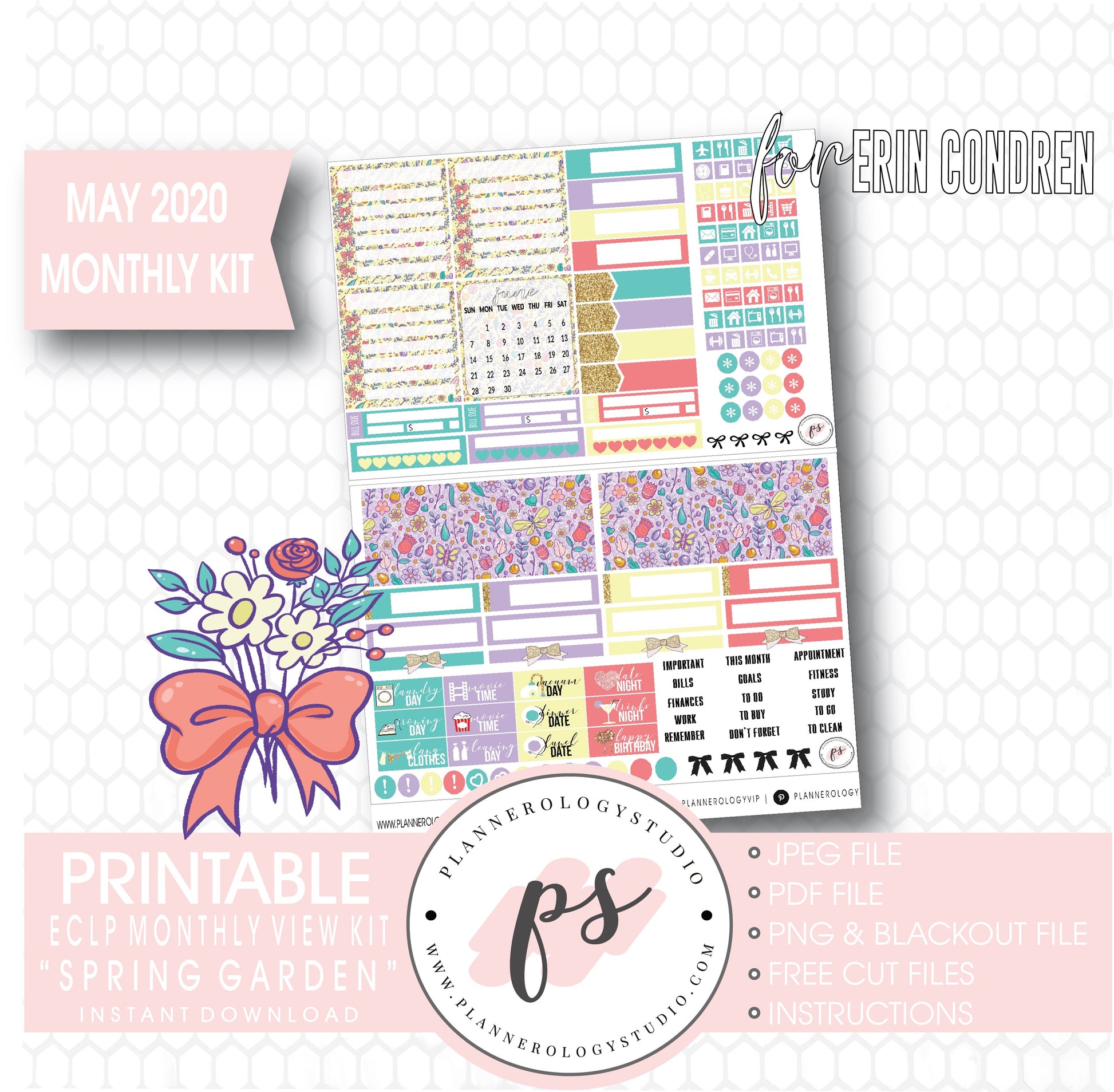 Spring Garden May 2020 Monthly View Kit Digital Printable Planner Stickers (for use with Erin Condren) - Plannerologystudio