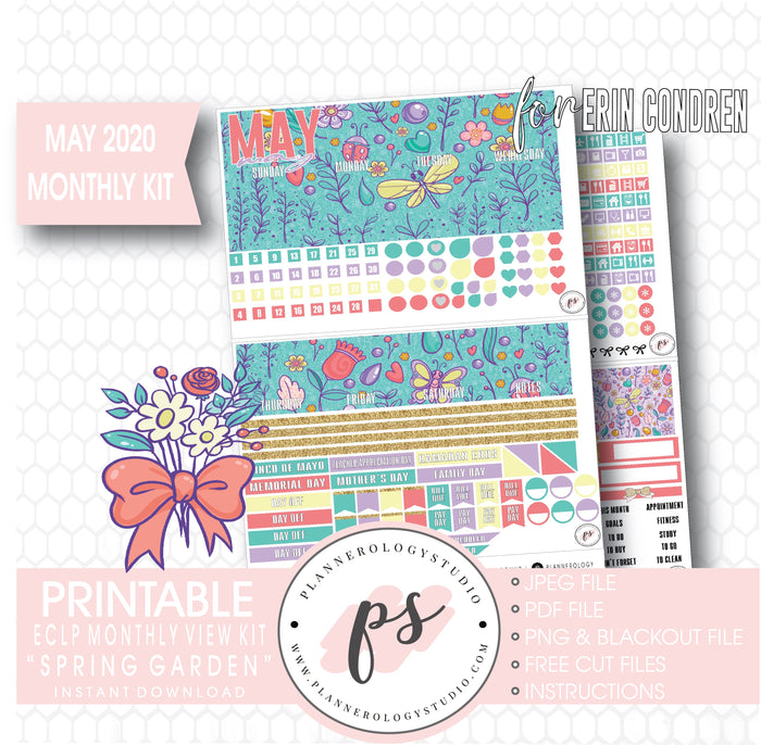 Spring Garden May 2020 Monthly View Kit Digital Printable Planner Stickers (for use with Erin Condren) - Plannerologystudio