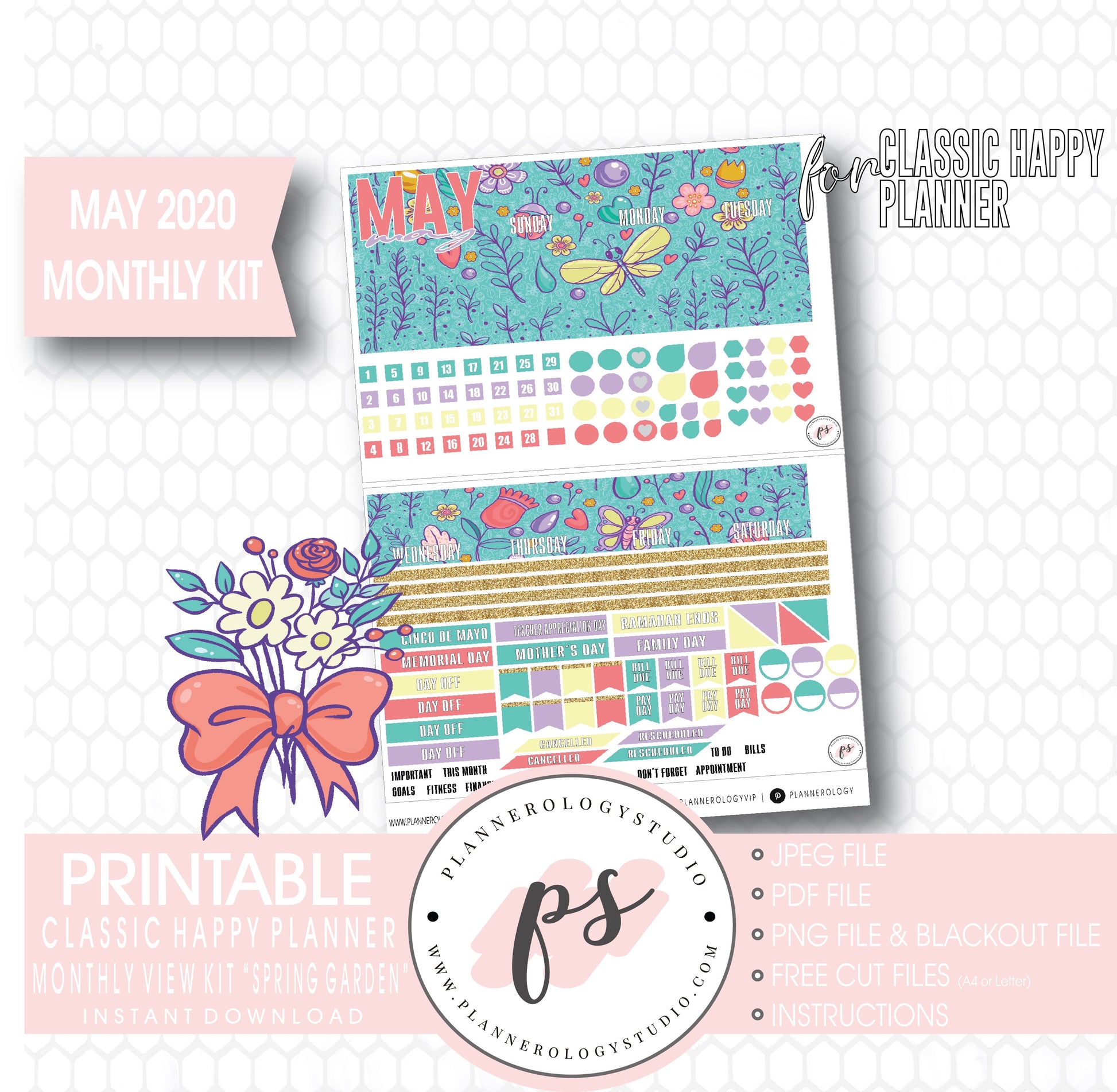 Spring Garden May 2020 Monthly View Kit Digital Printable Planner Stickers (for use with Classic Happy Planner) - Plannerologystudio