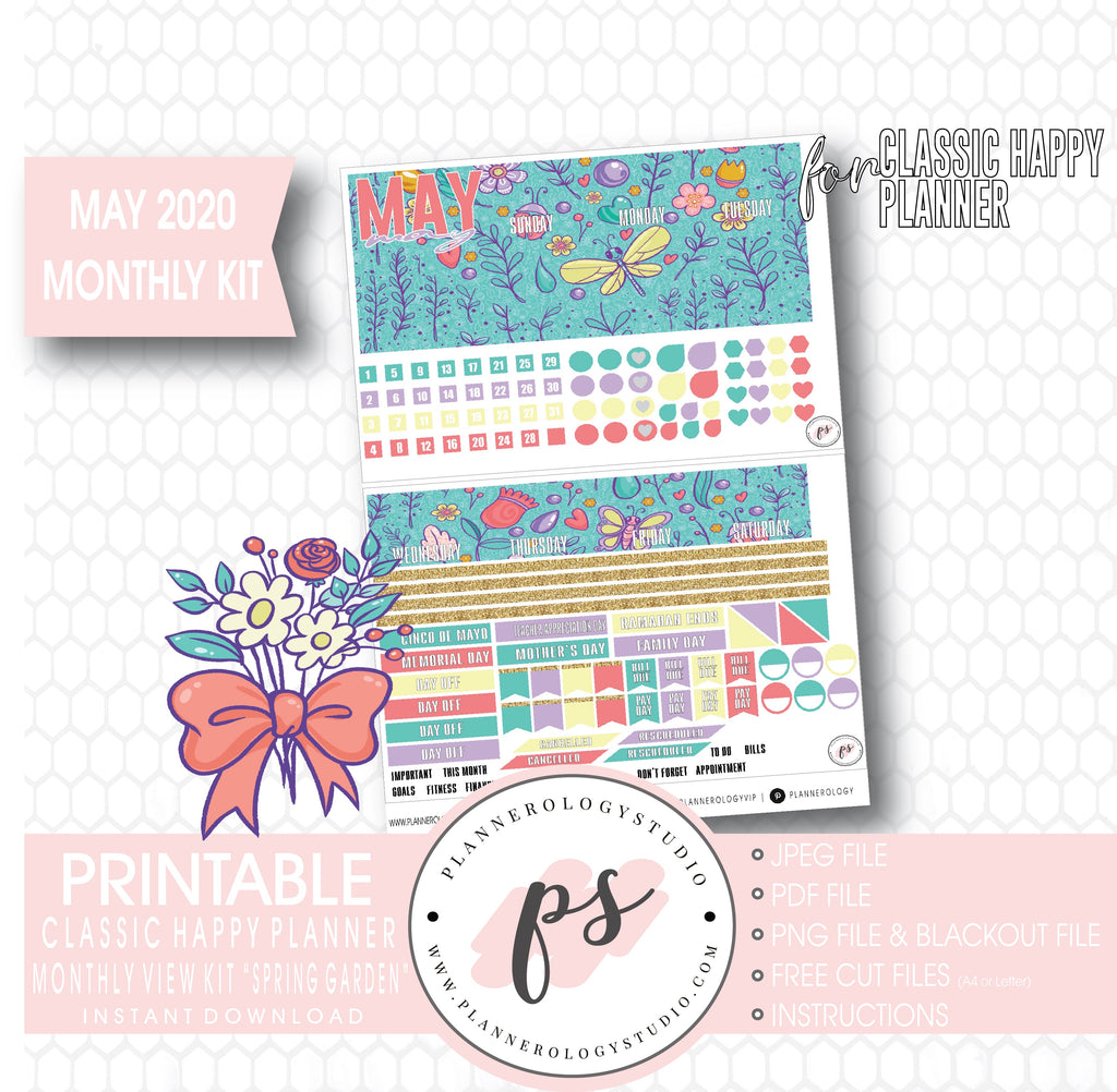 Spring Garden May 2020 Monthly View Kit Digital Printable Planner Stickers (for use with Classic Happy Planner) - Plannerologystudio