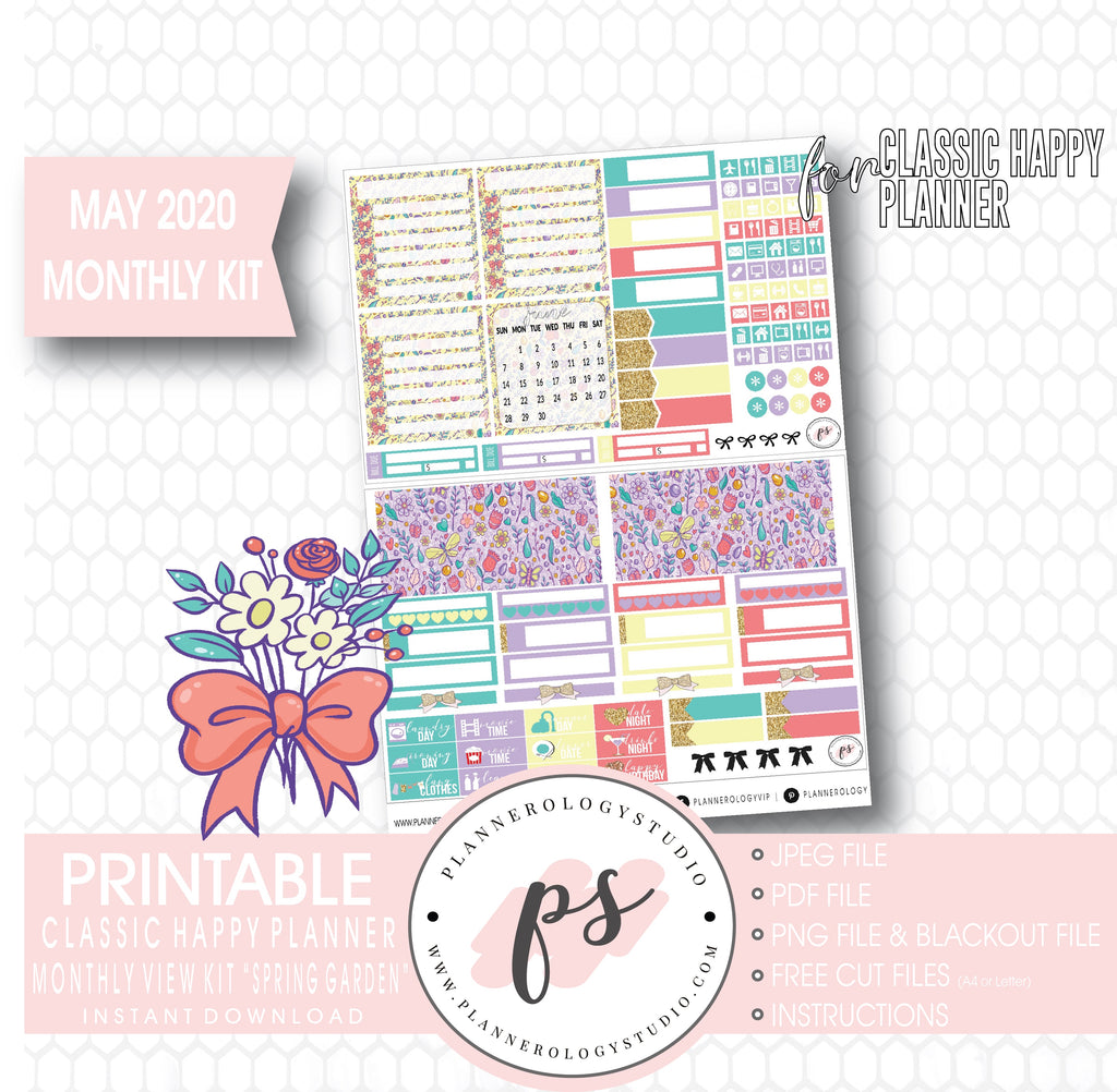 Spring Garden May 2020 Monthly View Kit Digital Printable Planner Stickers (for use with Classic Happy Planner) - Plannerologystudio