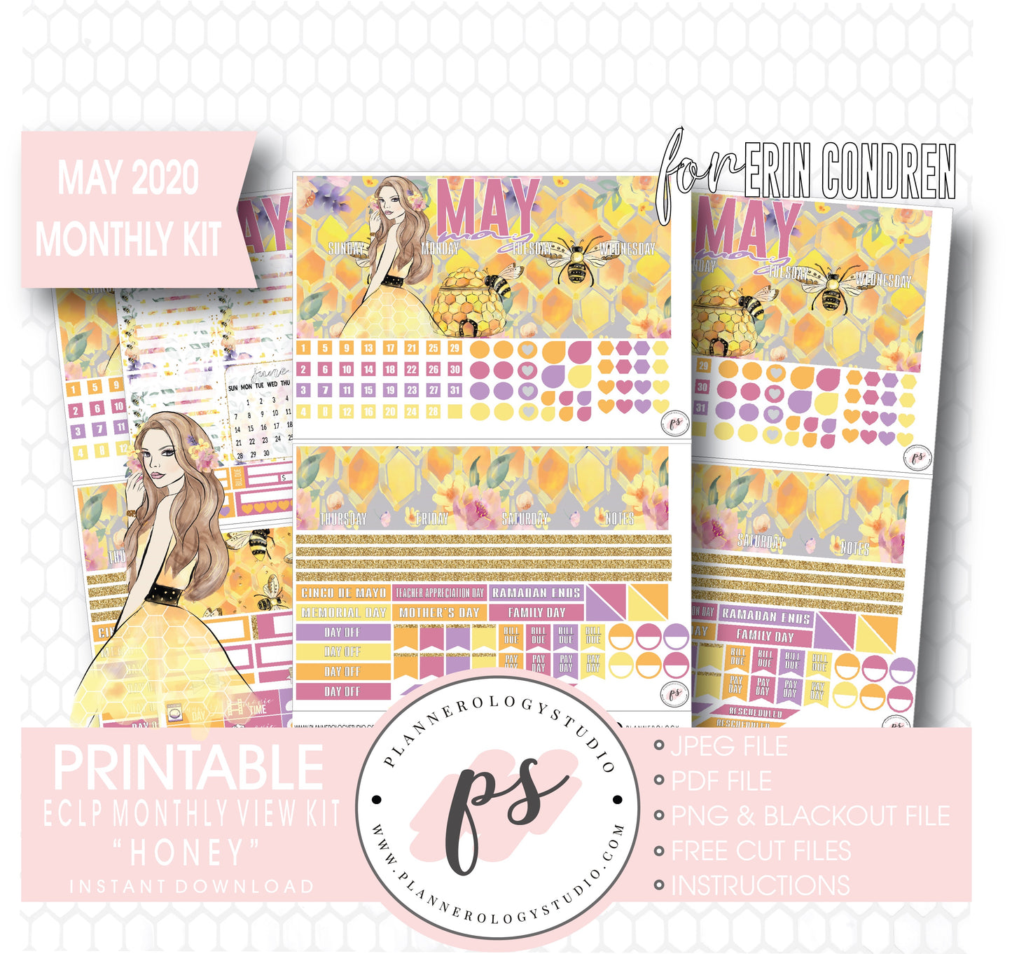 Honey May 2020 Monthly View Kit Digital Printable Planner Stickers (for use with Erin Condren) - Plannerologystudio