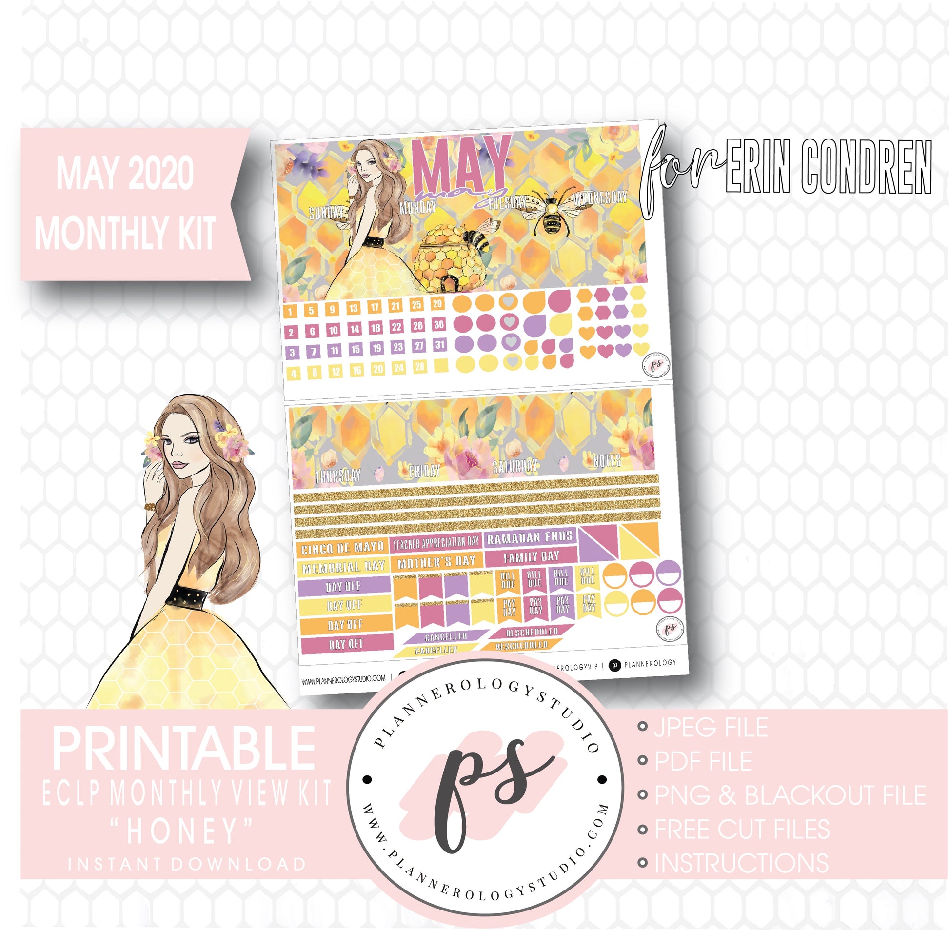 Honey May 2020 Monthly View Kit Digital Printable Planner Stickers (for use with Erin Condren) - Plannerologystudio